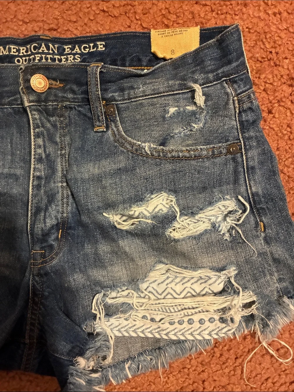 American Eagle Outfitters Distressed Denim Shorts, Dark Blue, Size 8